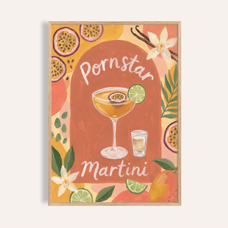 Featuring the Passion Fruit Martini Poster, a painted cocktail wall art print with martini glass, passion fruit slices, and script lettering