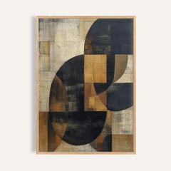 Framed print of brown abstract wall art with geometric shapes in black and tan