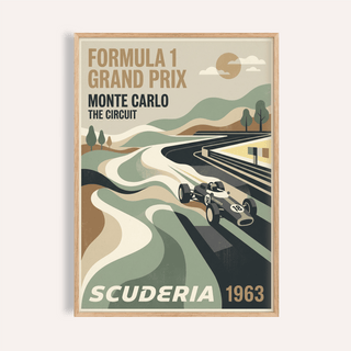 Monte Carlo Racing Poster showing vintage race car number 18 on winding track with hills and trees
