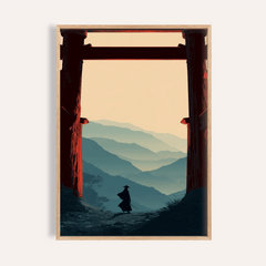 Framed print of samurai mountain poster with silhouette and layered blue mountains