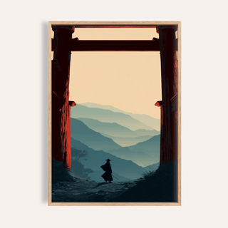 Framed print of samurai mountain poster with silhouette and layered blue mountains