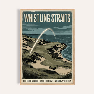 Framed Lakeside Links Golf Poster of a coastal golf course in vintage illustration style