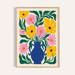 Floral Vase Art Print close-up of a blue vase with pink and yellow flowers in minimalist style