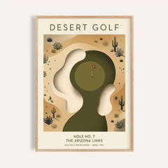 Framed Desert Golf Print showing minimalist illustration of hole 7 with green and sand colours