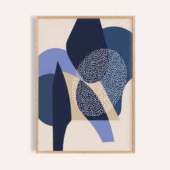 Framed Blue Abstract Print featuring blue geometric shapes with white dots on a cream background