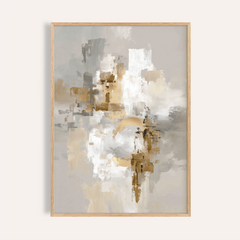 Framed abstract gold wall art with beige and grey shapes on a cream background
