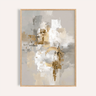 Framed abstract gold wall art with beige and grey shapes on a cream background