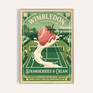 Framed Grass Court Tennis Poster with a strawberry tennis ball splashing cream in retro style