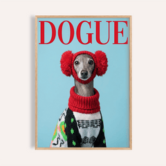 Framed close-up of Italian Greyhound wall art featuring a grey dog with red earmuffs and a patterned sweater