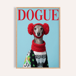 Framed close-up of Italian Greyhound wall art featuring a grey dog with red earmuffs and a patterned sweater