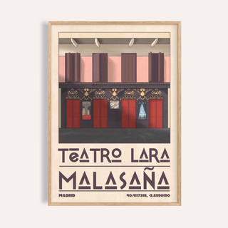 Framed Teatro Lara wall art of a minimalist red and pink theater facade with text below