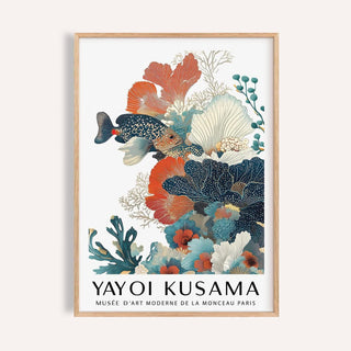 Tropical Fish Poster with illustrated reef fish and coral in orange and blue hues