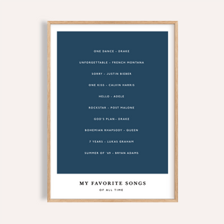 Framed Custom Song Wall Art print with a navy blue centre and white text in a minimalist style