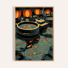 Framed close-up of Japanese Koi Art Print showing koi fish in swirling water with orange lanterns