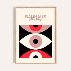 Framed Abstract Eye Poster with Bauhaus text and abstract eye shapes in red black and pink