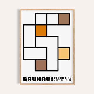Framed print of geometric abstract art with mustard and brown blocks and typographic details