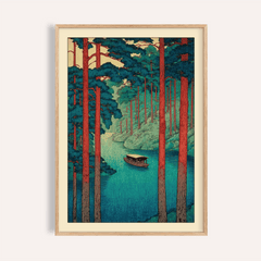 Framed view of Hasui Kawase tranquil river wall art poster with tall trees and a small boat