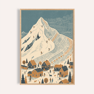 Framed close-up of Winter Mountain Art Print with skiers and houses in muted blue and brown tones