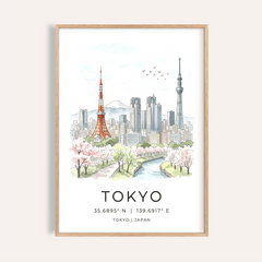 Framed Tokyo Skyline Art Print with soft watercolour cherry blossoms and cityscape close-up