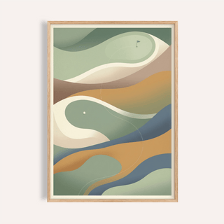 Framed Golf Abstract Art Print with green beige and blue curves in a natural wood frame