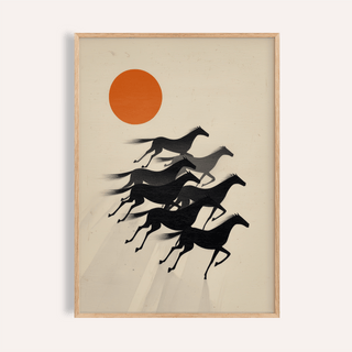 Framed print close-up of minimalist galloping horses in black and grey with an orange sun