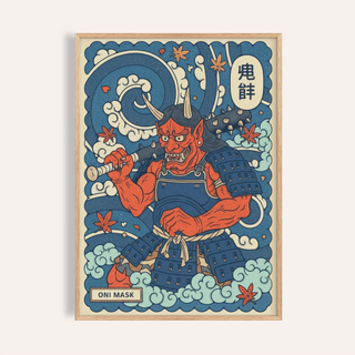 Front view Japanese Oni Mask Print poster with horned oni warrior holding a spiked club