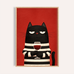 Framed Cat Wine Art with a black cat holding a red wine glass on a red background