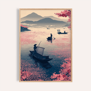 Framed Zen Fishing Poster with fishing boats and pink blossoms in soft dusk colours
