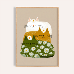 Sleeping Cats Art Print of three minimalist sleeping cats with daisies on a beige background