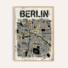 Framed Berlin City Map wall art showing an abstract map with grey and beige blocks and street-art style
