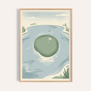 Close-up of 18th Hole wall art showing a minimalist golf green island surrounded by blue water