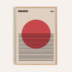 Framed Geometric Art Print with red circle and black horizontal lines on light background
