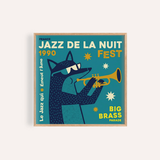 Framed Jazz Festival Art Print of a blue fox playing a yellow trumpet with white stars