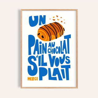 Framed Pain Au Chocolat Print with blue typographic text and an illustrated pastry