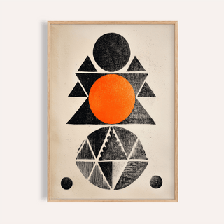 Framed Geometric Indian Art Print with black and orange abstract shapes in a minimalist style