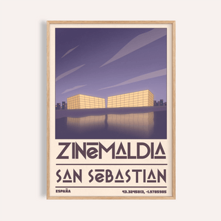 Graphic travel poster print showing Zinemaldia San Sebastian text and mirrored waterfront buildings