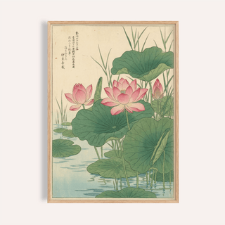 Lotus Flower Print with beige, green, pink, and blue for bedroom wall art