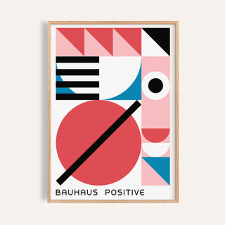 Framed Colorful Geometric Art with red, pink, blue shapes and black text bauhaus positive