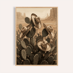 Framed print close-up of Southwestern Art Prints showing a prickly pear cactus with sombreros in sepia tones