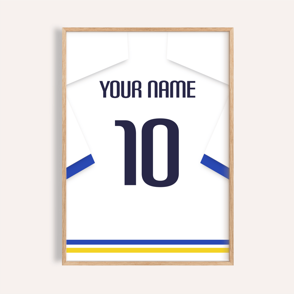 Football Shirt Poster in White with Blue Sleeves and Black Number