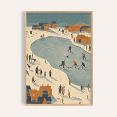 Framed Hockey Winter Art Print showing outdoor ice hockey game with blue and orange illustration