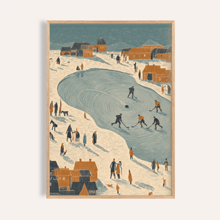 Framed Hockey Winter Art Print showing outdoor ice hockey game with blue and orange illustration