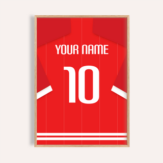 Framed print of a red football shirt with white number 10 and pinstripes