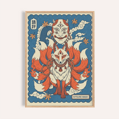Front view of Kitsune Mask Wall Art showing nine-tailed fox and horned mask