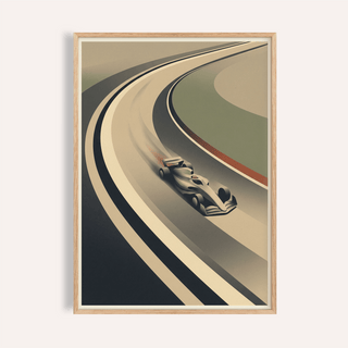Framed vintage motorsport wall art of a minimalist retro racing car on a curving track