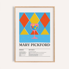 Close-up of Pickford Diamonds print with pink cocktail glass and geometric shapes in red yellow and blue