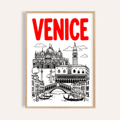 Framed Venice Landmark Art Print with red text and black line art landmarks