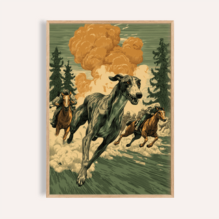 Greyhound Racing wall art showing a racing greyhound with horses and orange smoke
