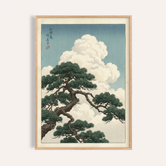 Japanese landscape poster framed print close-up with pine tree branch and cloudscape in muted greens and blues