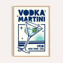 Framed Vodka Martini Poster with a minimalist blue and green illustration and bold text